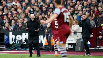 London (United Kingdom), 23/12/2023.- Manchester United manager Erik Ten Hag shouts from the sideline during the English Premier League soccer match between West Ham United and Manchester United, in London, Britain, 23 December 2023. (Reino Unido, Londres) EFE/EPA/DAVID CLIFF EDITORIAL USE ONLY. No use with unauthorized audio, video, data, fixture lists, club/league logos, 'live' services or NFTs. Online in-match use limited to 120 images, no video emulation. No use in betting, games or single club/league/player publications.