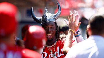 ANAHEIM, CALIFORNIA - AUGUST 23: Elly De La Cruz #44 of the Cincinnati Reds celebrates a three-run home run against the Los Angeles Angels in the fifth inning during game one of a doubleheader at Angel Stadium of Anaheim on August 23, 2023 in Anaheim, California.   Ronald Martinez/Getty Images/AFP (Photo by RONALD MARTINEZ / GETTY IMAGES NORTH AMERICA / Getty Images via AFP)