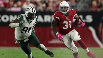 GLENDALE, AZ - OCTOBER 17: Running back David Johnson #31 of the Arizona Cardinals runs with the football past defensive end Sheldon Richardson #91 of the New York Jets after a reception during the second quarter of the NFL game at the University of Phoenix Stadium on October 17, 2016 in Glendale, Arizona. Christian Petersen/Getty Images/AFP
== FOR NEWSPAPERS, INTERNET, TELCOS & TELEVISION USE ONLY ==