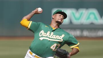 OAKLAND, CALIFORNIA - JULY 21: Frankie Montas #47 of the Oakland Athletics pitches in the top of the second inning against the Detroit Tigers during game two of a doubleheader at RingCentral Coliseum on July 21, 2022 in Oakland, California. Lachlan Cunningham/Getty Images/AFP
== FOR NEWSPAPERS, INTERNET, TELCOS & TELEVISION USE ONLY ==