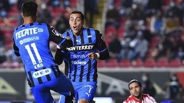 Rogelio Funes Mori celebrates his goal 0-1 with Maximiliano meza of Monterrey during the game Necaxa vs Monterrey, corresponding to day 02 of the Torneo Clausura Grita Mexico C22 of Liga BBVA MX, at Victoria Stadium, on January 14, 2022.
<br>&l