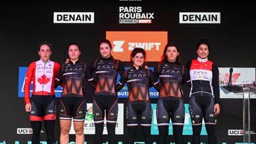 DENAIN, FRANCE - APRIL 08: A general view of Maggie Coles-Lyster of Canada, Lucia Garcia Munoz of Spain, Marta Romance of Spain, Debora Silvestri of Italy, Emanuela Zanetti of Italy, Ahmed Ebtissam Zayed of Egypt and ZAAF Cycling Team prior to the 3rd Paris-Roubaix Femmes 2023 a 145.4km one day race from Denain to Roubaix / #UCIWWT / on April 08, 2023 in Denain, France. (Photo by Luc Claessen/Getty Images)