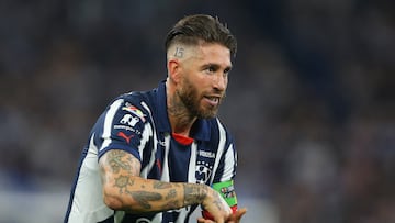 Monterrey's Spanish defender #93 Sergio Ramos celebrates after scoring his team second goal during the Liga MX Clausura football match between Monterrey and Santos at the BBVA Stadium in Monterrey, Mexico on March 2, 2025. (Photo by Julio Cesar AGUILAR / AFP)