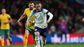 England's midfielder James Maddison runs with the ball during the international friendly football match between England and Australia at Wembley stadium in north London on October 13, 2023. (Photo by HENRY NICHOLLS / AFP) / NOT FOR MARKETING OR ADVERTISING USE / RESTRICTED TO EDITORIAL USE