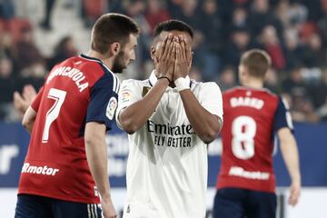 Rodrygo puts his hands over his face after missing a chance in the LaLiga Santander game.