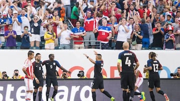 Jun 11, 2016; Philadelphia, PA, USA; United States midfielder Clint Dempsey (8) celebrates with teammates after a goal against Paraguay during the first half of the group play stage of the 2016 Copa America Centenario. at Lincoln Financial Field. Mandatory Credit: Bill Streicher-USA TODAY Sports