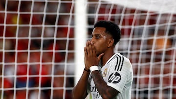 Real Madrid's Brazilian forward #11 Rodrygo reacts during the Spanish league football match between RCD Mallorca and Real Madrid CF at the Mallorca Son Moix stadium in Palma de Mallorca on August 18, 2024. (Photo by JAIME REINA / AFP)