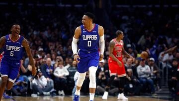 LOS ANGELES, CALIFORNIA - MARCH 27: Russell Westbrook #0 of the LA Clippers reacts against the Chicago Bulls in the second half at Crypto.com Arena on March 27, 2023 in Los Angeles, California. NOTE TO USER: User expressly acknowledges and agrees that, by downloading and/or using this photograph, user is consenting to the terms and conditions of the Getty Images License Agreement.   Ronald Martinez/Getty Images/AFP (Photo by RONALD MARTINEZ / GETTY IMAGES NORTH AMERICA / Getty Images via AFP)