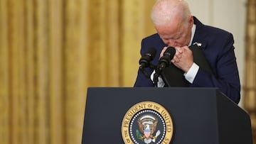 U.S. President Joe Biden listens to a question from a member of the media as he delivers remarks about Afghanistan, from the East Room of the White House in Washington, U.S. August 26, 2021. REUTERS/Jonathan Ernst