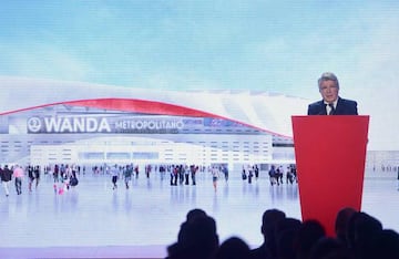 Atletico Madrid president Enrique Cerezo announces the name of the club's new stadium.