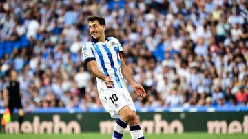 Real Sociedad's Spanish forward Mikel Oyarzabal smiles during the Spanish league football match between Real Sociedad and Sevilla FC at the Reale Arena stadium in San Sebastian on June 4, 2023. (Photo by ANDER GILLENEA / AFP)