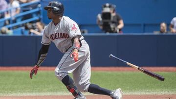 Jul 2, 2016; Toronto, Ontario, CAN; Cleveland Indians left fielder Rajai Davis (20) reacts after hitting a home run during the first inning in a game against the Toronto Blue Jays at Rogers Centre. Mandatory Credit: Nick Turchiaro-USA TODAY Sports