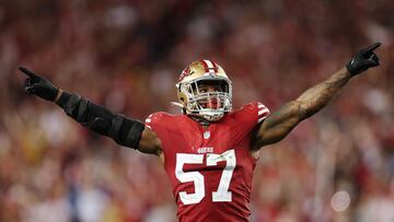 SANTA CLARA, CALIFORNIA - JANUARY 28: Dre Greenlaw #57 of the San Francisco 49ers celebrates after a stop during the fourth quarter against the Detroit Lions in the NFC Championship Game at Levi's Stadium on January 28, 2024 in Santa Clara, California.   Ezra Shaw/Getty Images/AFP (Photo by EZRA SHAW / GETTY IMAGES NORTH AMERICA / Getty Images via AFP)