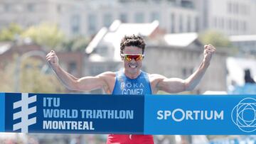 Javier Gómez Noya festa su victoria en el Triatlon de Montreal.