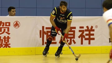 Los jugadores de la selecci&oacute;n espa&ntilde;ola de hockey patines, durante un partido en los World Roller Games.