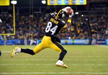 Nov 17, 2014; Nashville, TN, USA; Pittsburgh Steelers wide receiver Antonio Brown (84) makes a touchdown catch against the Tennessee Titans during the second half at LP Field. The Steelers beat the Titans 27-24. Mandatory Credit: Don McPeak-USA TODAY Sports