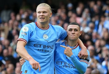 (FILES) Manchester City's English midfielder Phil Foden (R) celebrates scoring his team's sixth goal and his third with Manchester City's Norwegian striker Erling Haaland (L) during the English Premier League football match between Manchester City and Manchester United at the Etihad Stadium in Manchester, north west England, on October 2, 2022. Erling Haaland became the first man to win both Premier League player and young player of the year awards in the same season on Saturday, May 27. (Photo by Lindsey Parnaby / AFP) / RESTRICTED TO EDITORIAL USE. No use with unauthorized audio, video, data, fixture lists, club/league logos or 'live' services. Online in-match use limited to 120 images. An additional 40 images may be used in extra time. No video emulation. Social media in-match use limited to 120 images. An additional 40 images may be used in extra time. No use in betting publications, games or single club/league/player publications. / 