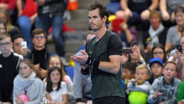 British Andy Murray celebrates after winning a tennis match againstUruguayan Pablo Cuevas in the second round of the men&#039;s singles tournament at the European Open ATP Antwerp, on October 17, 2019, in Antwerp. (Photo by LUC CLAESSEN / BELGA / AFP) / Belgium OUT