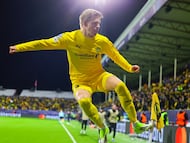 Bodo (Norway), 18/02/2026.- Bodo/Glimt's Jens Petter Hauge (C) celebrates scoring a goal during the UEFA Champions League play-offs 1st leg soccer match between Bodo/Glimt and Inter Milan, in Bodo, Norway, 18 February 2026. (Liga de Campeones, Noruega) EFE/EPA/THOMAS ANDERSEN NORWAY OUT