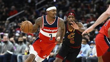 Dec 30, 2021; Washington, District of Columbia, USA; Washington Wizards guard Bradley Beal (3) dribbles past Cleveland Cavaliers guard RJ Nembhard Jr. (5) during the second half at Capital One Arena. Mandatory Credit: Brad Mills-USA TODAY Sports