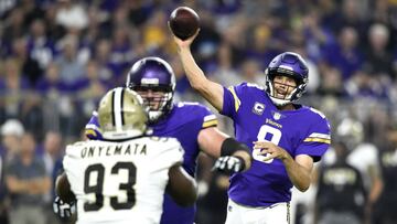 MINNEAPOLIS, MN - SEPTEMBER 11: Sam Bradford #8 of the Minnesota Vikings passes the ball in the third quarter of the game against the New Orleans Saints on September 11, 2017 at U.S. Bank Stadium in Minneapolis, Minnesota.   Hannah Foslien/Getty Images/AFP
 == FOR NEWSPAPERS, INTERNET, TELCOS &amp; TELEVISION USE ONLY ==