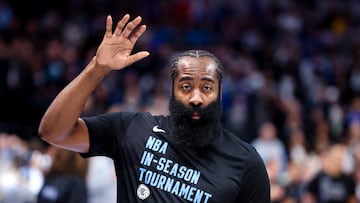 Nov 10, 2023; Dallas, Texas, USA; LA Clippers guard James Harden (1) before the game against the Dallas Mavericks at American Airlines Center. Mandatory Credit: Kevin Jairaj-USA TODAY Sports