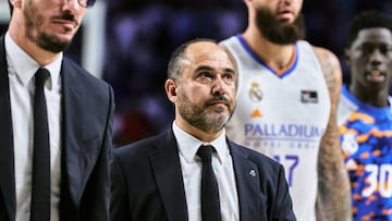 MADRID, SPAIN - JUNE 17: Chus Mateo coach of Real Madrid reactst during the Liga Endesa match between Real Madrid and FC Barcelona at Wizink Center on June 17, 2022 in Madrid, Spain. (Photo by Sonia Canada/Getty Images)