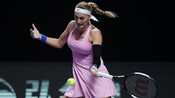 SHENZHEN, CHINA - OCTOBER 29: Petra Kvitova of the Czech Republic plays a forehand against Belinda Bencic of Switzerland during their Women&#039;s Singles match on Day Three of the 2019 Shiseido WTA Finals at Shenzhen Bay Sports Center on October 29, 2019 in Shenzhen, China. (Photo by Lintao Zhang/Getty Images)