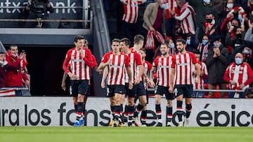 Iker Muniain of Athletic Club celebrates his goal with his teammates during the Spanish Copa del Rey football match played between Athletic Club and FC Barcelona at San Mames stadium on January 20, 2022 in Bilbao, Spain.
AFP7
20/01/2022 ONLY FOR USE IN
