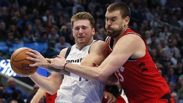 Nov 16, 2019; Dallas, TX, USA; Dallas Mavericks guard Luka Doncic (77) drives against Toronto Raptors center Marc Gasol (33) during the second quarter at American Airlines Center. Mandatory Credit: Tim Heitman-USA TODAY Sports