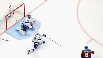 Valeri Nichushkin #13 of the Colorado Avalanche scores a goal on Andrei Vasilevskiy #88 of the Tampa Bay Lightning during the second period in Game Two of the 2022 NHL Stanley Cup Final at Ball Arena on June 18, 2022 in Denver, Colorado.