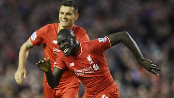 Sakho, tras marcar un gol en Anfield.