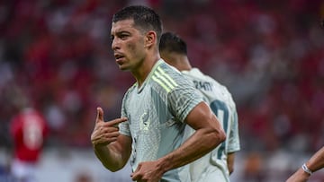 Erik Lira celebrates his goal 0-1 of Mexico during the international friendly football match between Sport Club Internacional and Mexico (Mexican National team) at the Beira-Rio Stadium in Porto Alegre, Brazil, on January 16, 2025.