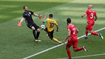 MOSCOW, RUSSIA - JUNE 23: Eden Hazard of Belgium dribbles Farouk Ben Mustapha of Tunisia before scoring his team's fourth goal during the 2018 FIFA World Cup Russia group G match between Belgium and Tunisia at Spartak Stadium on June 23, 2018 in Mos