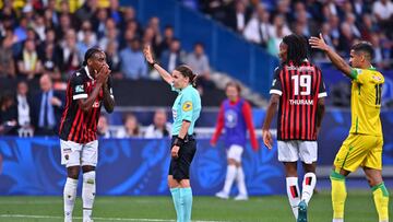 PARIS, FRANCE - MAY 07: Referee Stephanie Frappart reacts during the French Final Cup match between OGC Nice and FC Nantes at Stade de France on May 07, 2022 in Paris, France. (Photo by Aurelien Meunier/Getty Images)