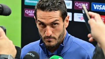 Atletico Madrid's Spanish midfielder #06 Koke speaks to the press at the mixed zone before a training session at Los Angeles Memorial Coliseum in Los Angeles on June 14, 2025 on the eve of the Club World Cup 2025 football match between Paris Saint-Germain and Atletico Madrid. (Photo by Frederic J. Brown / AFP)