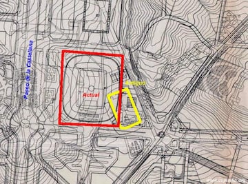 Plano de la construcción del estadio Santiago Bernabéo donde se puede ver el lugar donde se encontraba el antiguo estadio de Chamartín (en la actualidad donde se sitúa La Esquina).