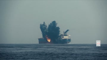 The oil tanker Cordelia Moon bursts into flames after being hit by a missile in the Red Sea, off Yemen's Red Sea Port of Hodeida, in this screengrab from a video released on October 1, 2024. Houthi Military Media/Handout via REUTERS THIS IMAGE HAS BEEN SUPPLIED BY A THIRD PARTY