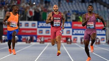 Rome (Italy), 30/08/2024.- (L-R) Letslile Tebogo of Botswana, Marcell Jacobs of Italy and Fred Kerley of USA compete in the men's 100m race during the Diamond League Golden Gala athletics meeting at the Olimpico stadium in Rome, Italy, 30 August 2024. (100 metros, Italia, Roma) EFE/EPA/RICCARDO ANTIMIANI