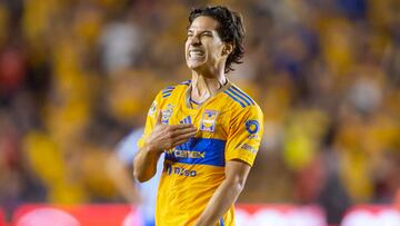 Tigres' Mexican midfielder #16 Diego Lainez celebrates scoring his team's first goal during the Mexican Clausura football tournament match between Tigres and Monterrey at Universitario stadium in Monterrey, Mexico, on May 9, 2024. (Photo by Julio Cesar AGUILAR / AFP)