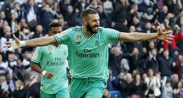 Benzema celebra el gol que le hizo al Espanyol el pasado 7 de diciembre en el Santiago Bernabéu.