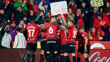 MALLORCA, SPAIN - FEBRUARY 18: Dani Rodriguez of RCD Mallorca celebrates after scoring his team third goal during the LaLiga Santander match between RCD Mallorca and Villarreal CF at Estadi Mallorca Son Moix on February 18, 2023 in Mallorca, Spain. (Photo by Cristian Trujillo/Quality Sport Images/Getty Images)
