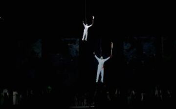 TORONTO, ON - JULY 10: Donovan Bailey is lowered with the torch during the Opening Ceremony for the Toronto 2015 Pan Am Games at Rogers Centre on July 10, 2015 in Toronto, Canada.   Ezra Shaw/Getty Images/AFP
== FOR NEWSPAPERS, INTERNET, TELCOS & TELEVISION USE ONLY ==