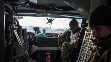 Ukrainian servicemen of the 80th Air Assault Brigade sit inside a Bushmaster Protected Mobility Vehicle, amid Russia's attack on Ukraine, near Bahmut, Donetsk region, Ukraine, February 16, 2023. REUTERS/Marko Djurica