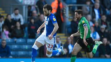 BLACKBURN, ENGLAND - APRIL 18: Blackburn Rovers' Ben Brereton competes with Stoke City's Joe Allen during the Sky Bet Championship match between Blackburn Rovers and Stoke City at Ewood Park on April 18, 2022 in Blackburn, England. (Photo by Richard M artin-Roberts - CameraSport via Getty Images)