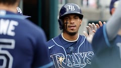 Aug 6, 2023; Detroit, Michigan, USA; Tampa Bay Rays shortstop Wander Franco (5) receives congratulations from teammates after scoring in the sixth inning against the Detroit Tigers at Comerica Park. Mandatory Credit: Rick Osentoski-USA TODAY Sports