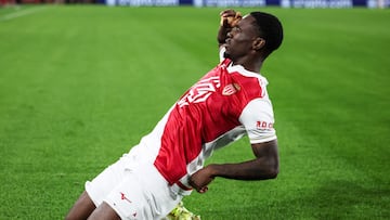 Monaco's American forward #09 Folarin Balogun celebrates after scoring his team first goal during the UEFA Champions League, league phase, football match between Monaco and Galatasaray, at the Stade Louis II stadium, in Monaco, on December 9, 2025. (Photo by Valery HACHE / AFP)