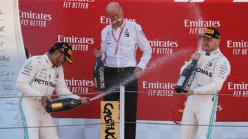 Formula One F1 - Spanish Grand Prix - Circuit de Barcelona-Catalunya, Barcelona, Spain - May 12, 2019 First placed Mercedes&#039; Lewis Hamilton and second placed Mercedes&#039; Valtteri Bottas with Chairman of the Board of Management of Mercedes Benz Dieter Zetsche on the podium. REUTERS/Jon Nazca