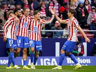 Soccer Football - LaLiga - Atletico Madrid v RCD Mallorca - Riyadh Air Metropolitano, Madrid, Spain - January 25, 2026 Atletico Madrid's Marcos Llorente, Giuliano Simeone, Robin Le Normand and Nicolas Gonzalez celebrate their second goal, an own goal scored by RCD Mallorca's David Lopez REUTERS/Ana Beltran