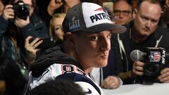 (FILES) In this file photo taken on February 1, 2018 New England Patriots tight end Rob Gronkowski talks to the press during a media availability at the Super Bowl LII Media Center at the  Mall of America in Bloomington, Minnesota.
 As if losing the Super